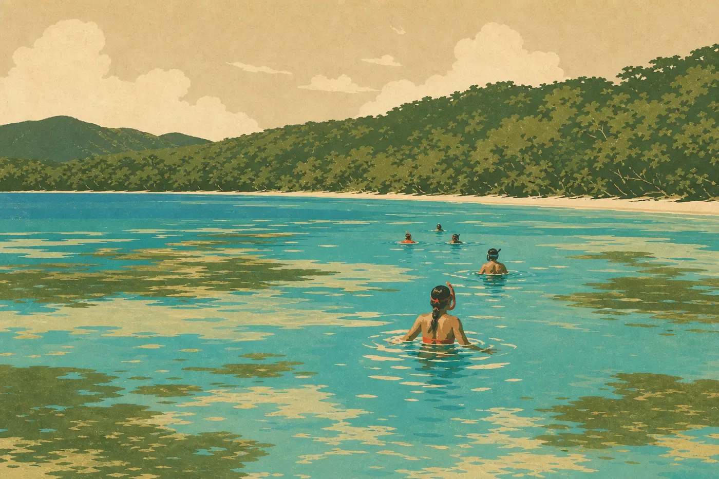 Illustration sérigraphiée : Des visiteurs nageant dans les eaux calmes de Maho Bay sous un soleil intense d’été