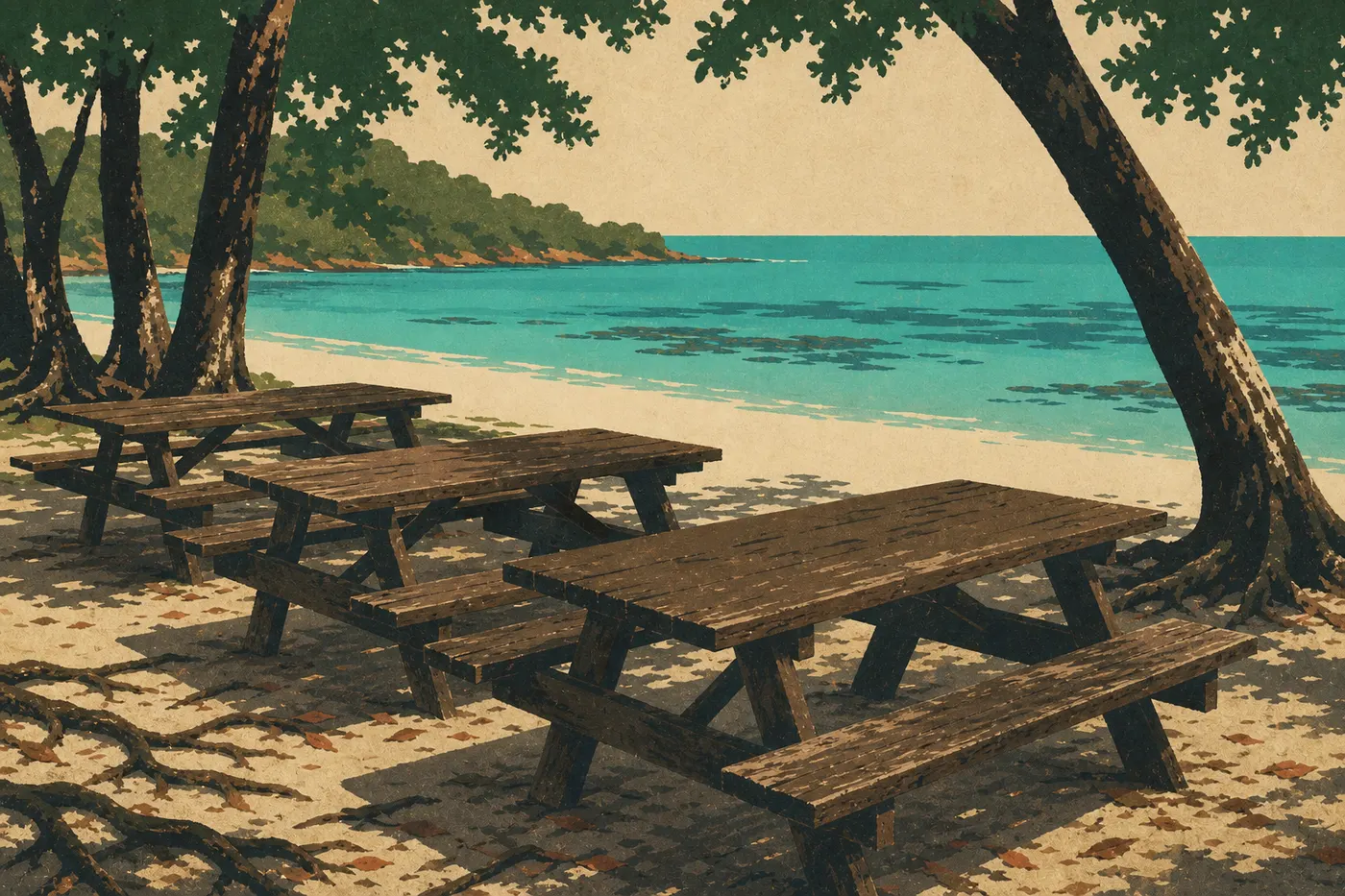 Illustration sérigraphiée : Les tables de pique-nique de Hawksnest Beach ombragées par les arbres face à la mer