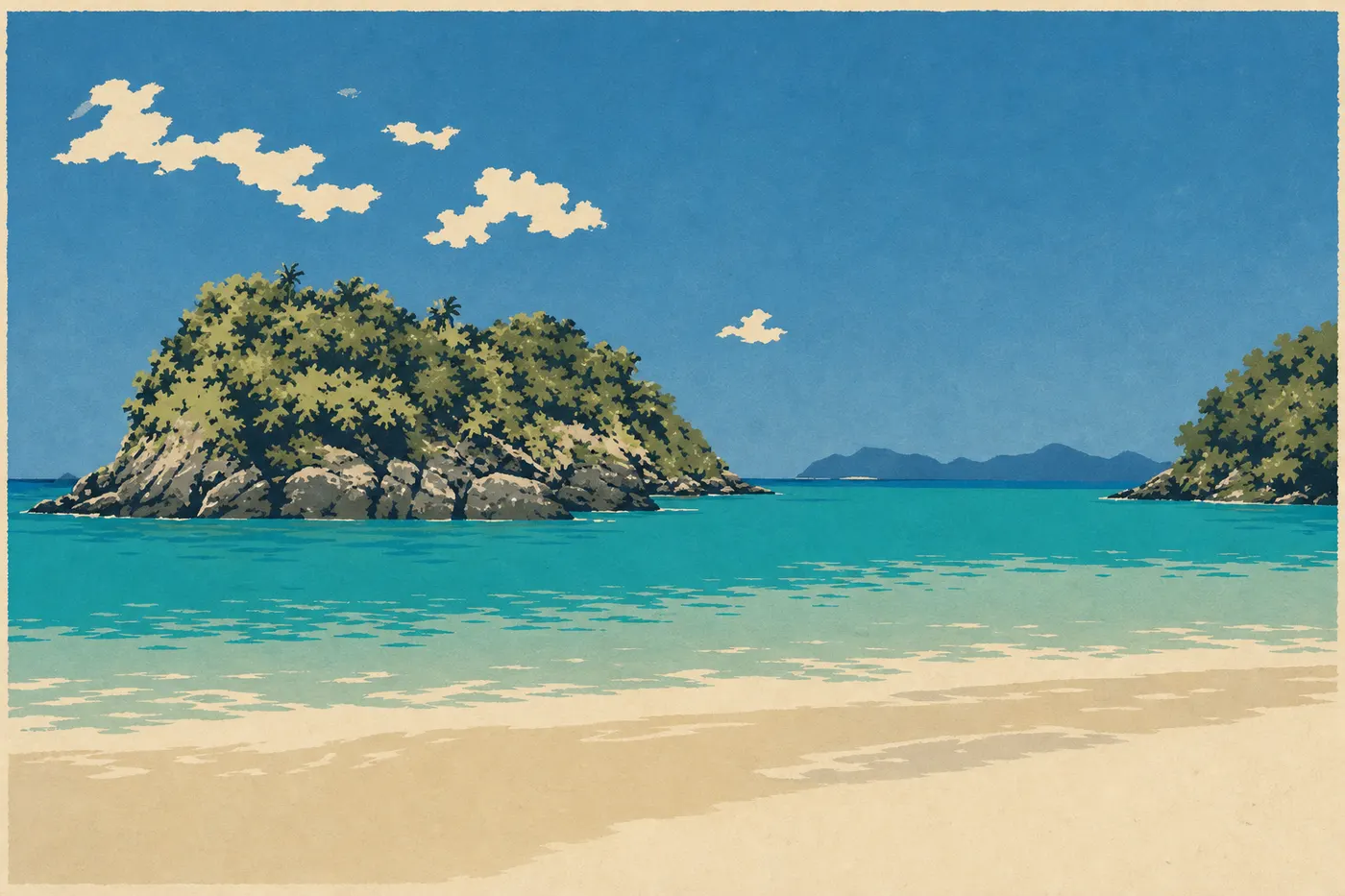 Illustration sérigraphiée : Trunk Bay sous un ciel bleu d’hiver, avec mer calme et plage lumineuse bordée de forêt