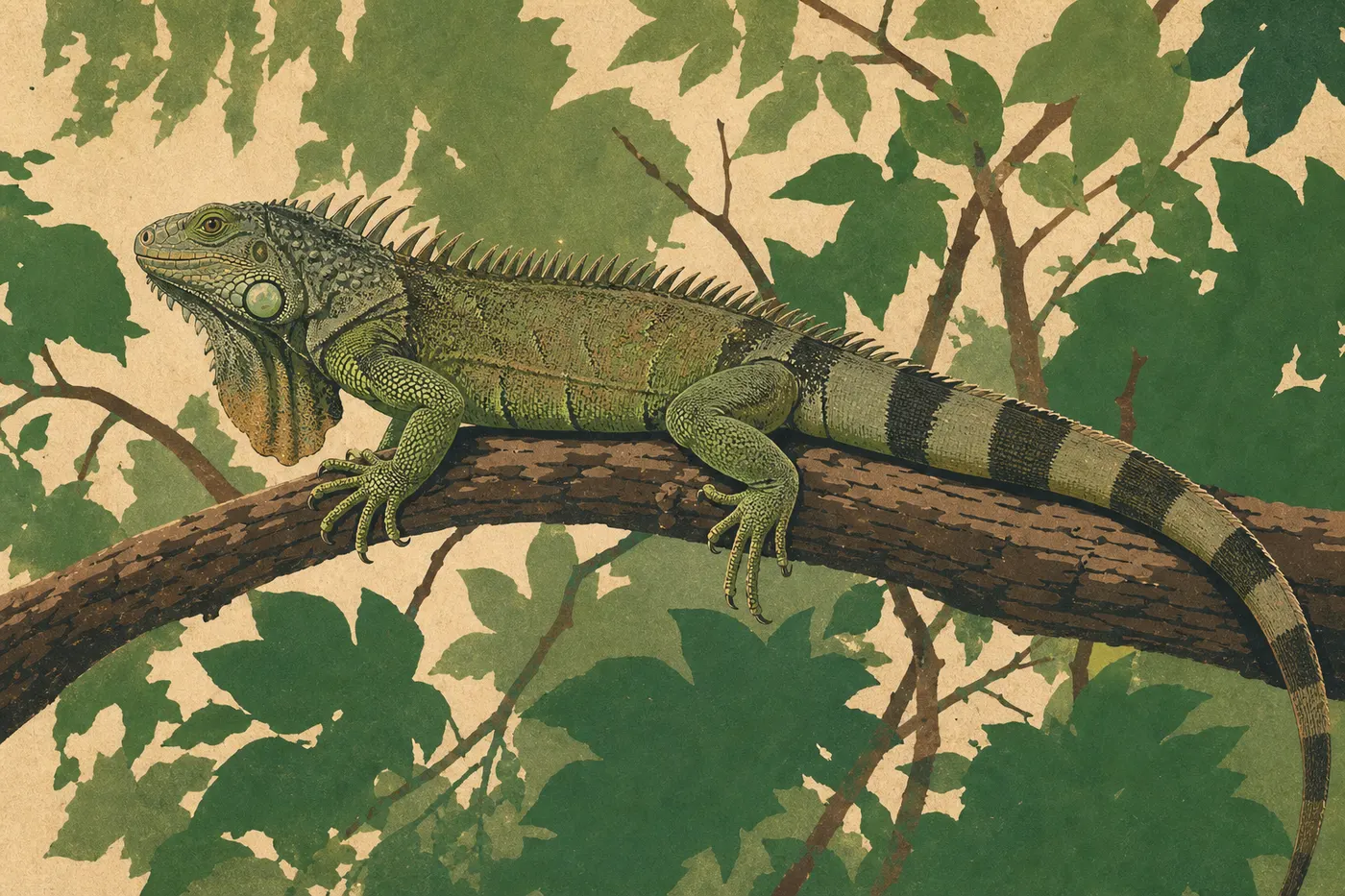 Illustration sérigraphiée : Un iguane vert perché sur une branche tropicale dans la végétation de St. John