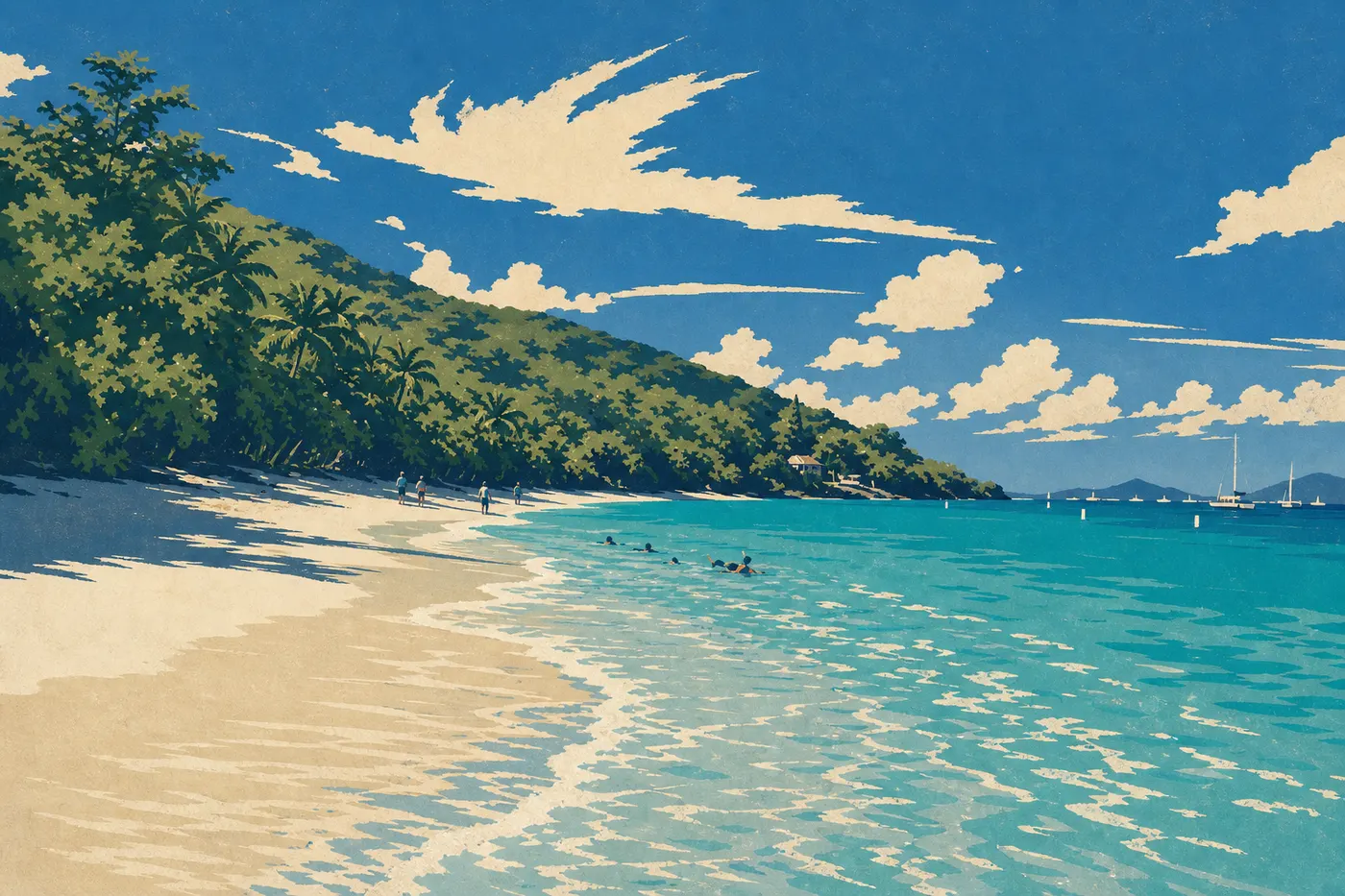 Illustration sérigraphiée : La plage isolée de Lameshur Bay bordée de végétation, avec snorkeleurs près du rivage