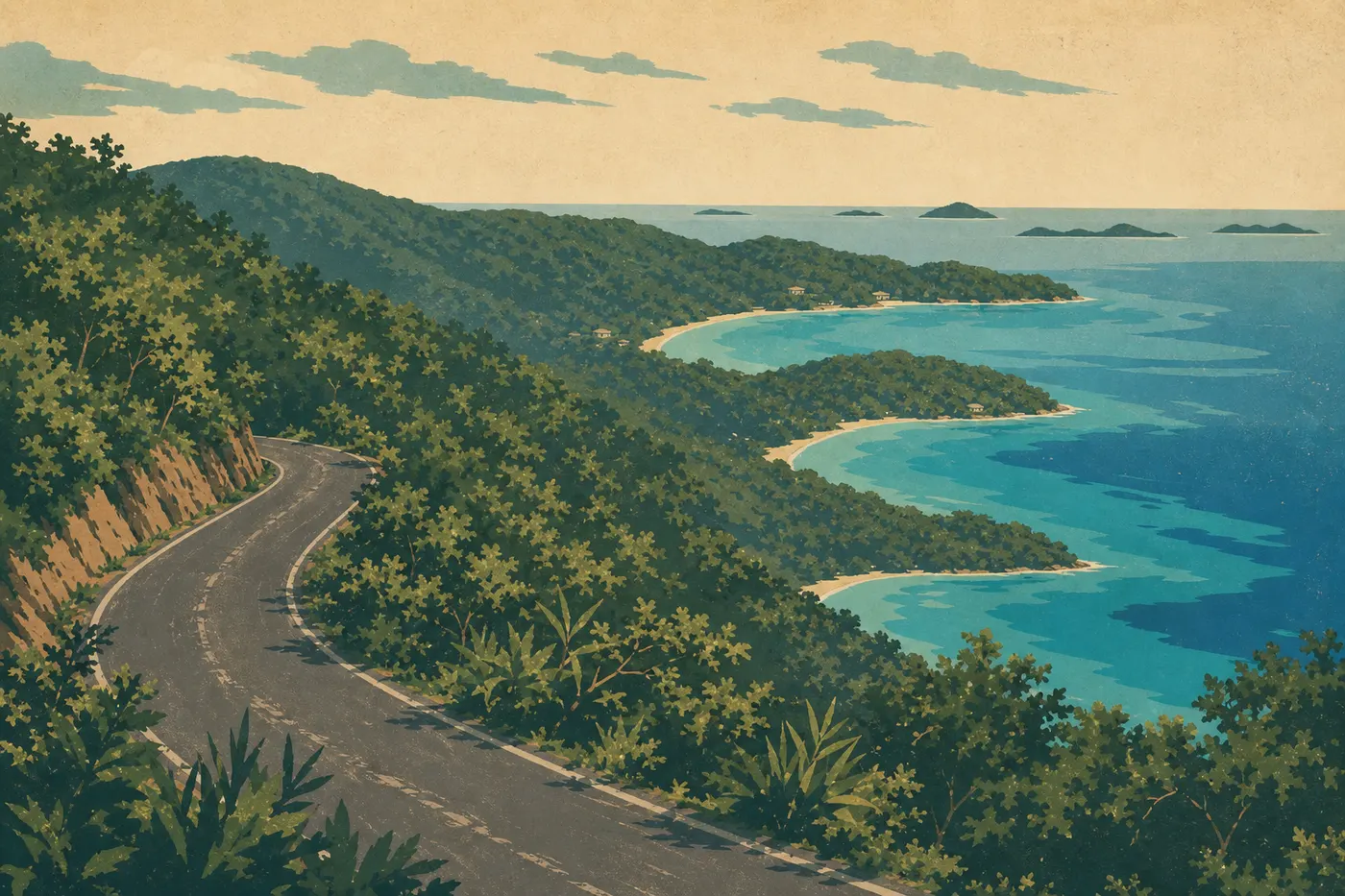 Illustration sérigraphiée : North Shore Road dominant les baies turquoise successives depuis une crête couverte de forêt