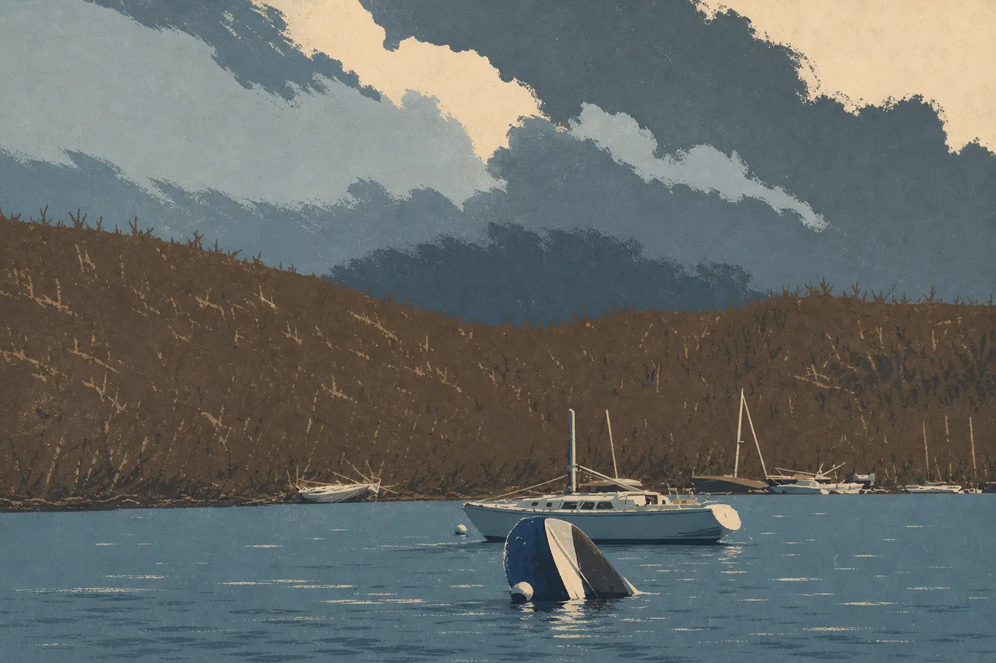 Illustration sérigraphiée : De lourds nuages tropicaux approchant Cruz Bay, avec bateaux abrités avant une tempête automnale