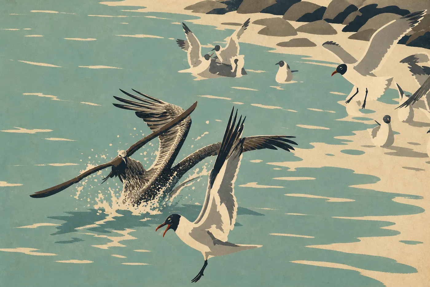 Illustration sérigraphiée : Un pélican brun plongeant devant une baie turquoise de la côte de St. John