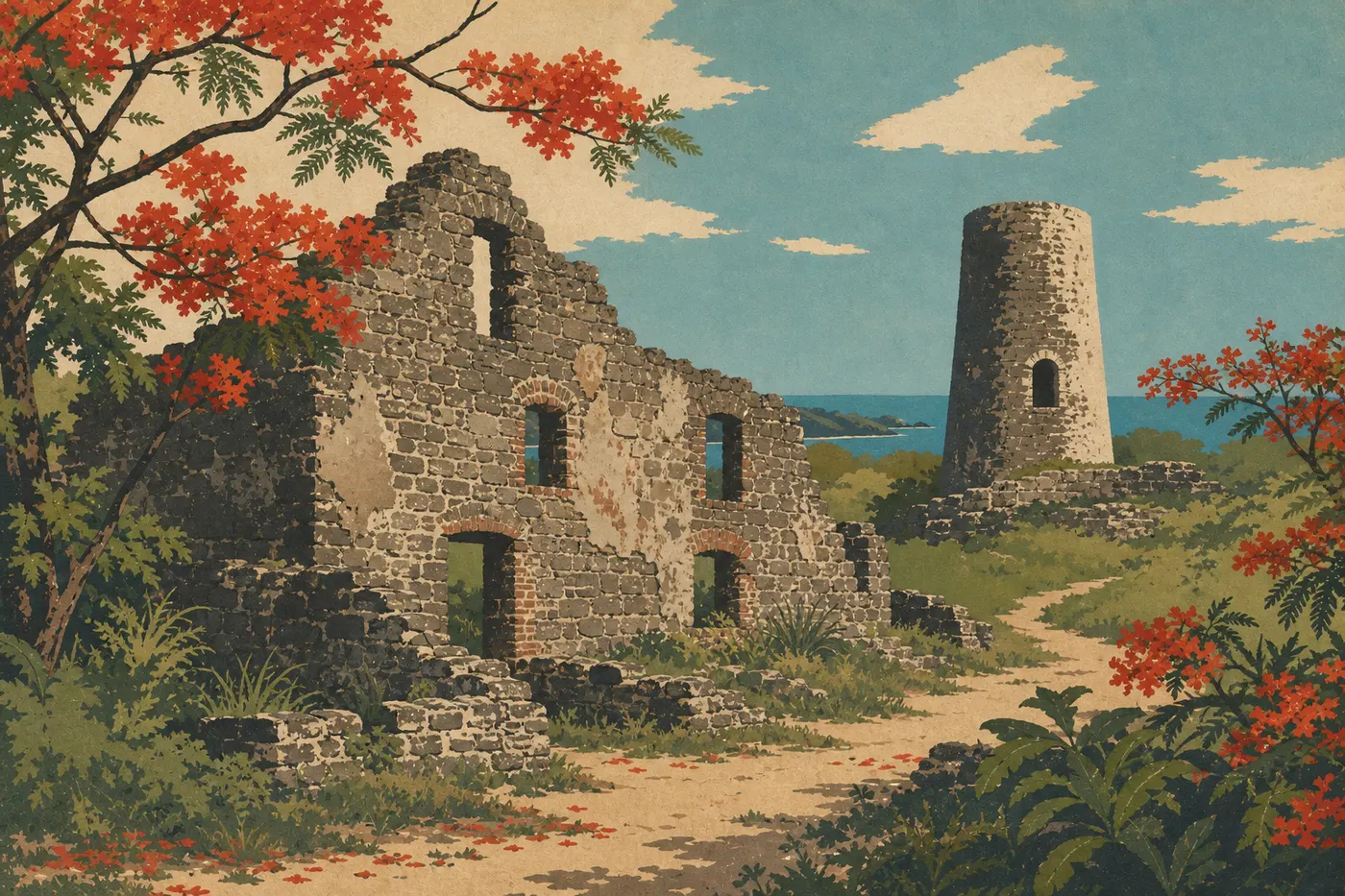 Illustration sérigraphiée : Les ruines d’Annaberg entourées de flamboyants et de végétation fleurie pendant le printemps caribéen