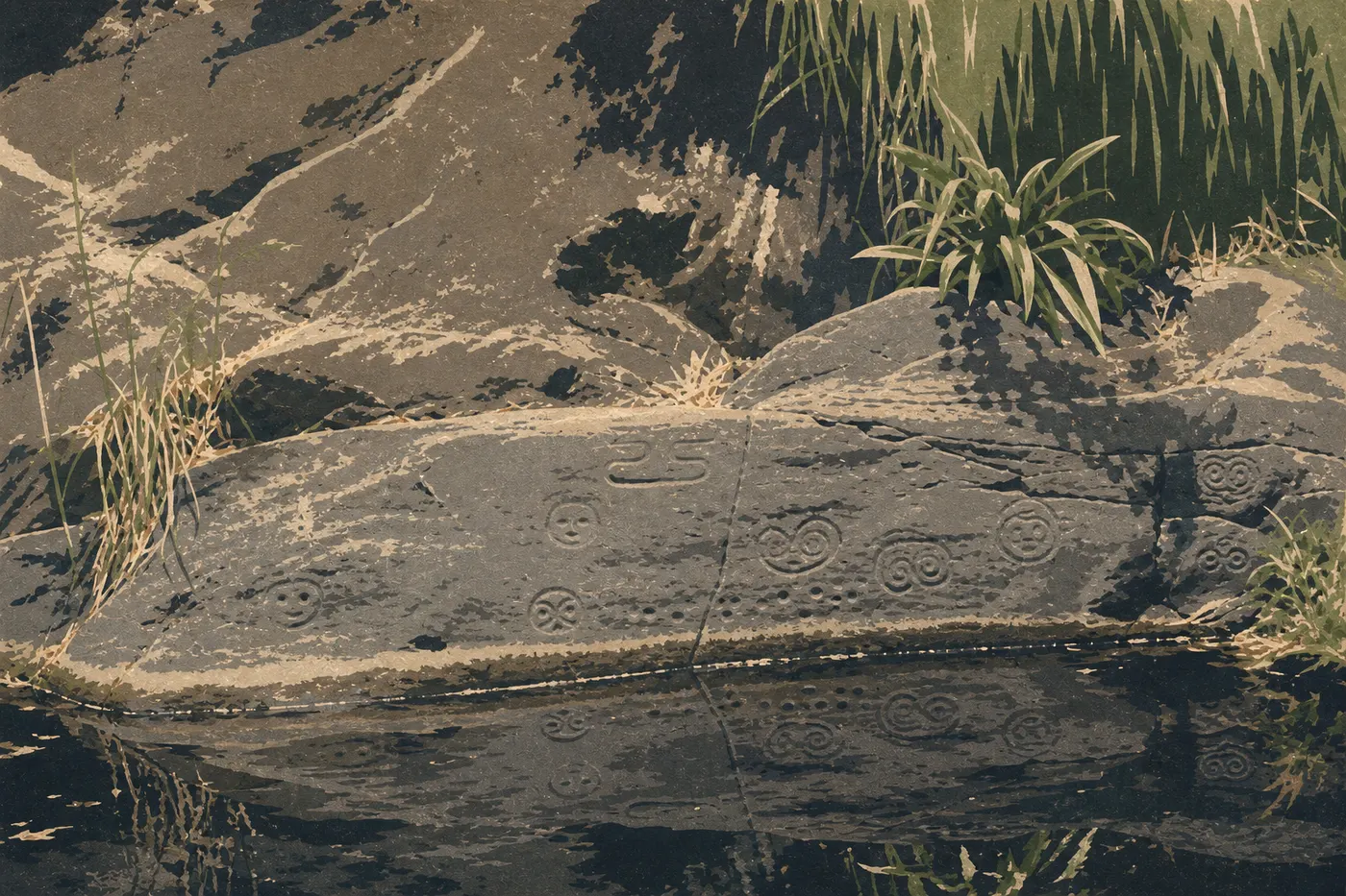 Illustration sérigraphiée : Le Reef Bay Trail descendant sous la forêt tropicale vers les pétroglyphes et les ruines sucrières