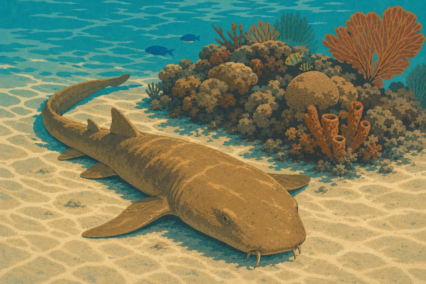 Illustration sérigraphiée : Un requin nourrice reposant sur le fond sableux près d’un récif corallien de St. John