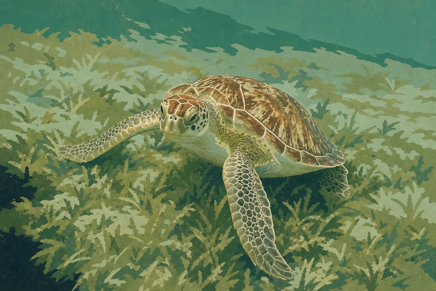 Illustration sérigraphiée : Une tortue verte broutant les herbiers peu profonds dans les eaux claires de Maho Bay