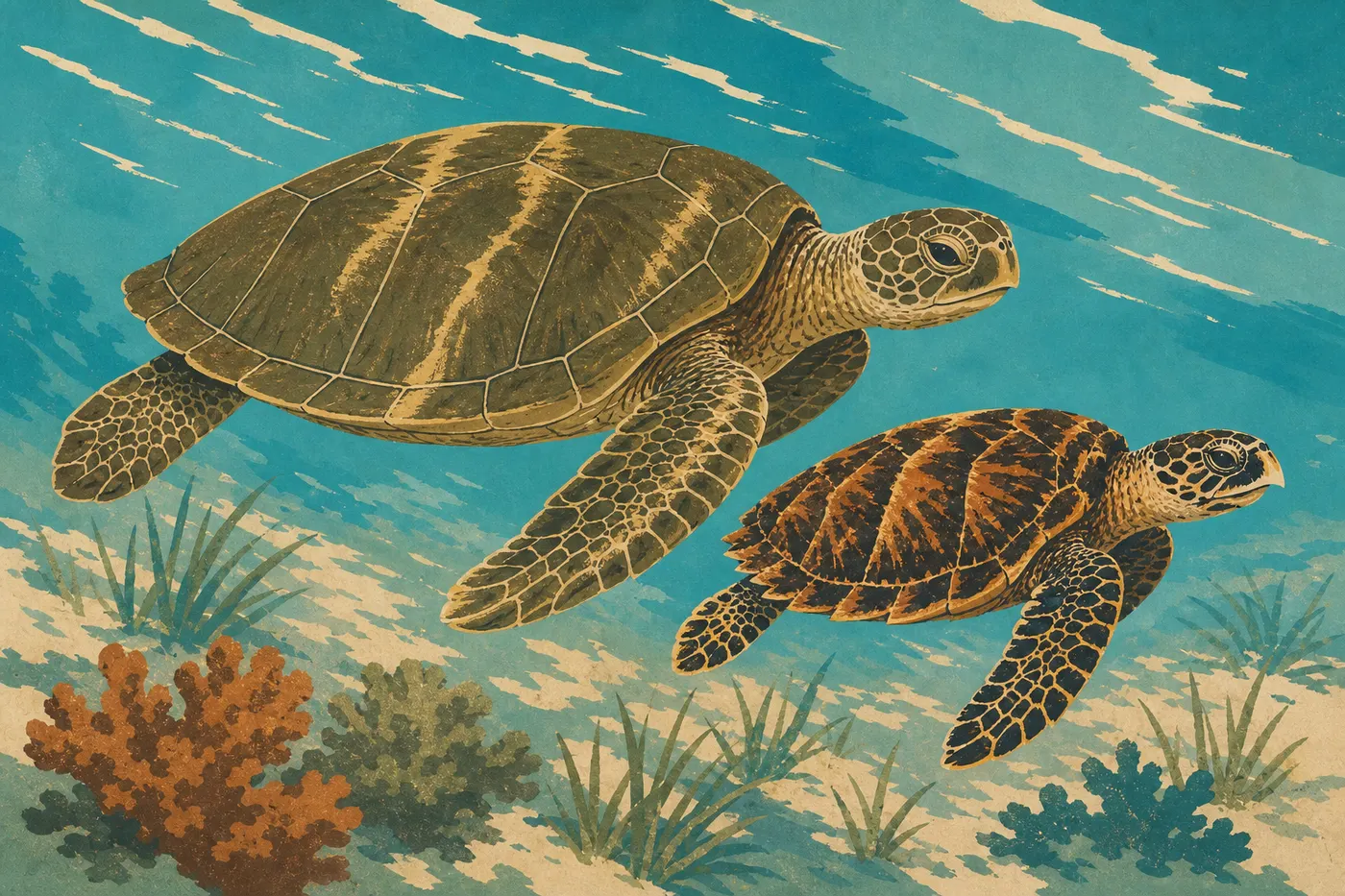 Illustration sérigraphiée : Une tortue verte et une tortue imbriquée montrant leurs carapaces et profils distinctifs sous l’eau