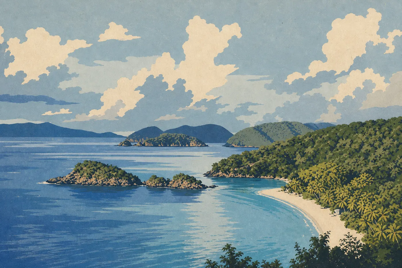 Illustration sérigraphiée : Trunk Bay vue depuis le belvédère, avec sable blanc, eau turquoise et îlot boisé