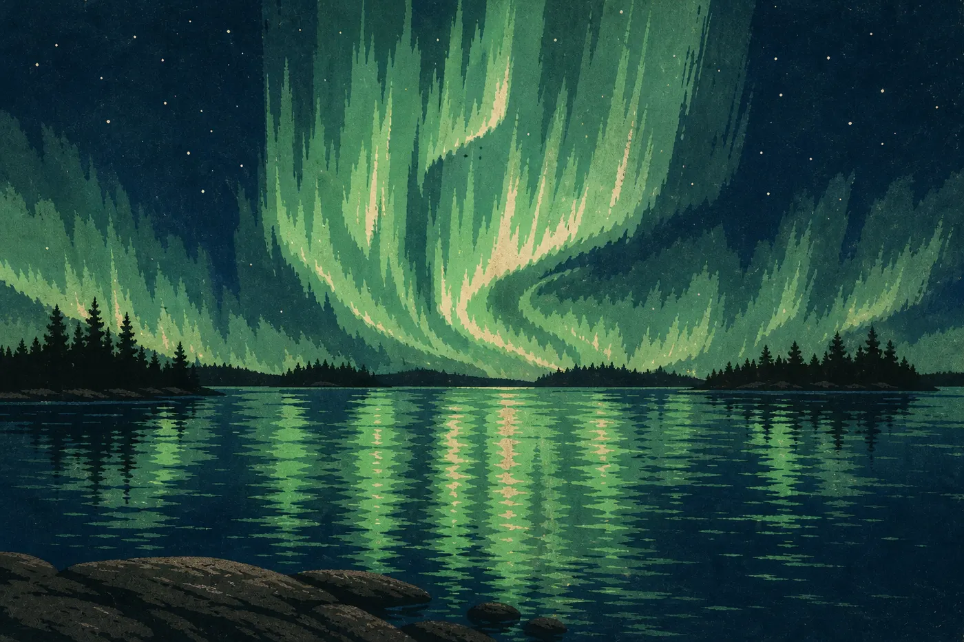 Illustration sérigraphiée : Des aurores boréales vertes se reflétant dans les eaux calmes de Kabetogama Lake.