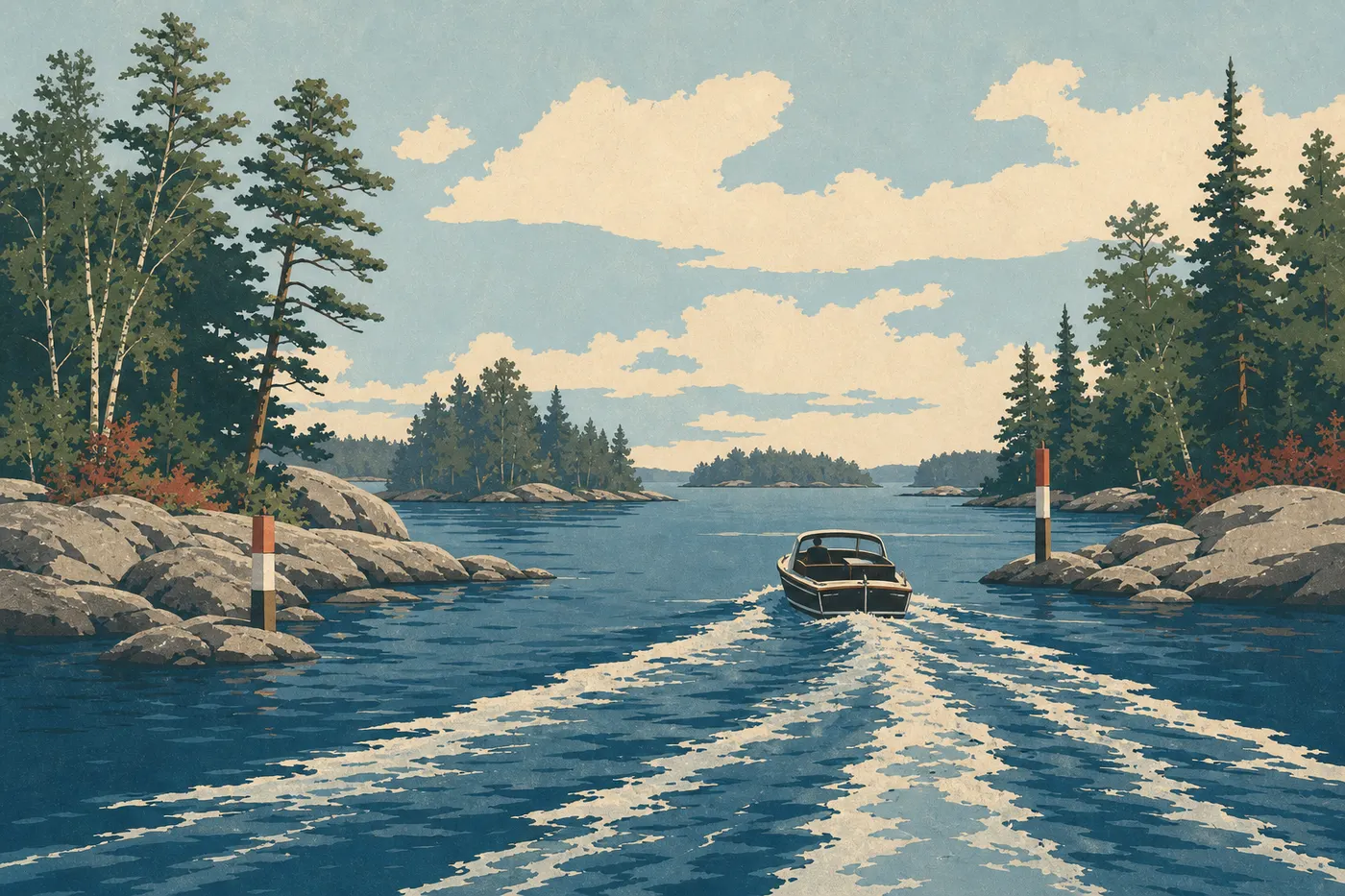 Illustration sérigraphiée : Un bateau à moteur empruntant le chenal balisé de Namakan Lake entre rochers granitiques et îles boisées.
