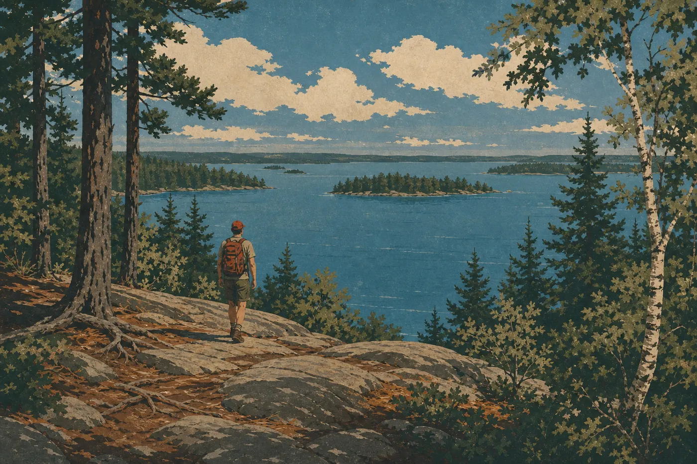 Illustration sérigraphiée : Un randonneur sur le sentier rocheux de Blind Ash Bay face au vaste Kabetogama Lake.