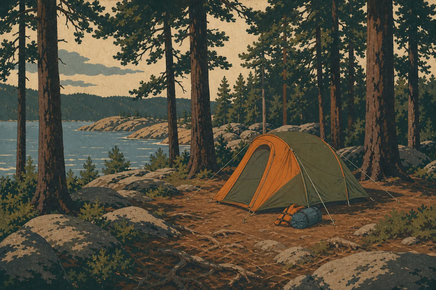 Illustration sérigraphiée : Une tente installée sous les pins au camping insulaire Wolf Pack Island East sur Namakan Lake.