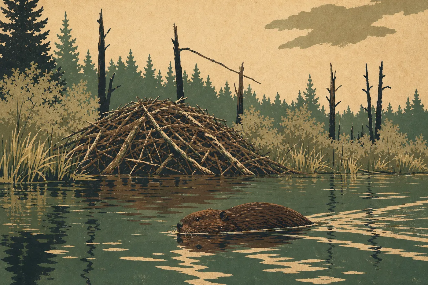 Illustration sérigraphiée : Un castor nageant devant sa hutte de branches dans un étang du Black Bay Beaver Pond Trail.