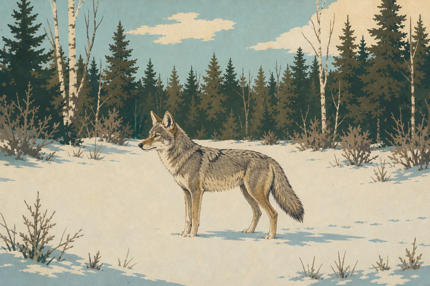Illustration sérigraphiée : Un coyote debout de profil dans une clairière enneigée, montrant sa silhouette fine et ses grandes oreilles.