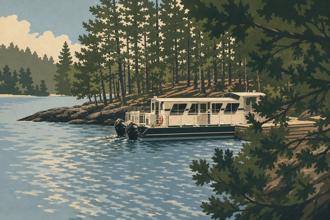 Illustration sérigraphiée : Un bateau quittant Crane Lake entre les îles rocheuses et les pins de la forêt boréale.