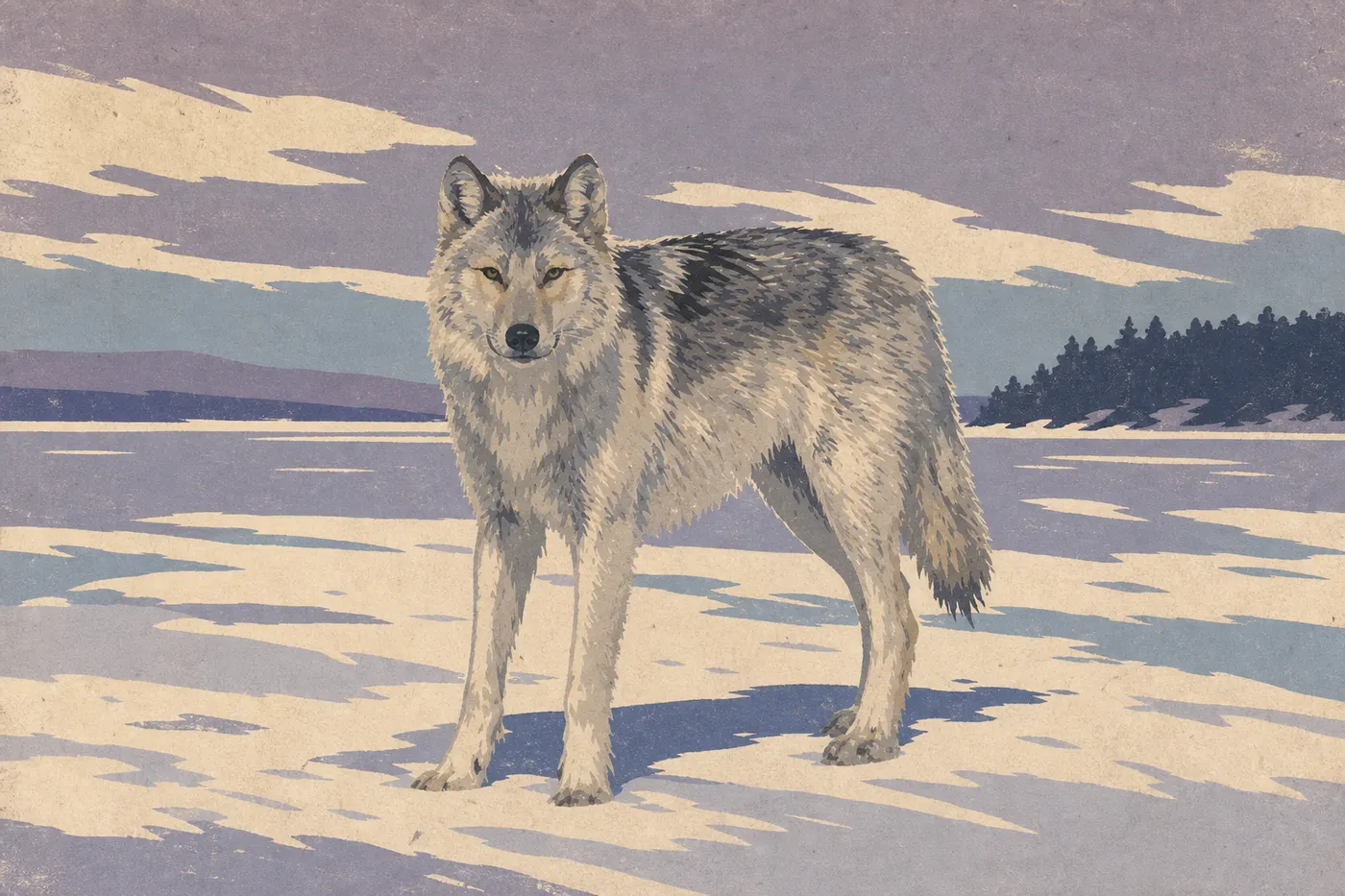 Illustration sérigraphiée : Un loup gris au pelage clair marchant sur la rive enneigée de Rainy Lake.