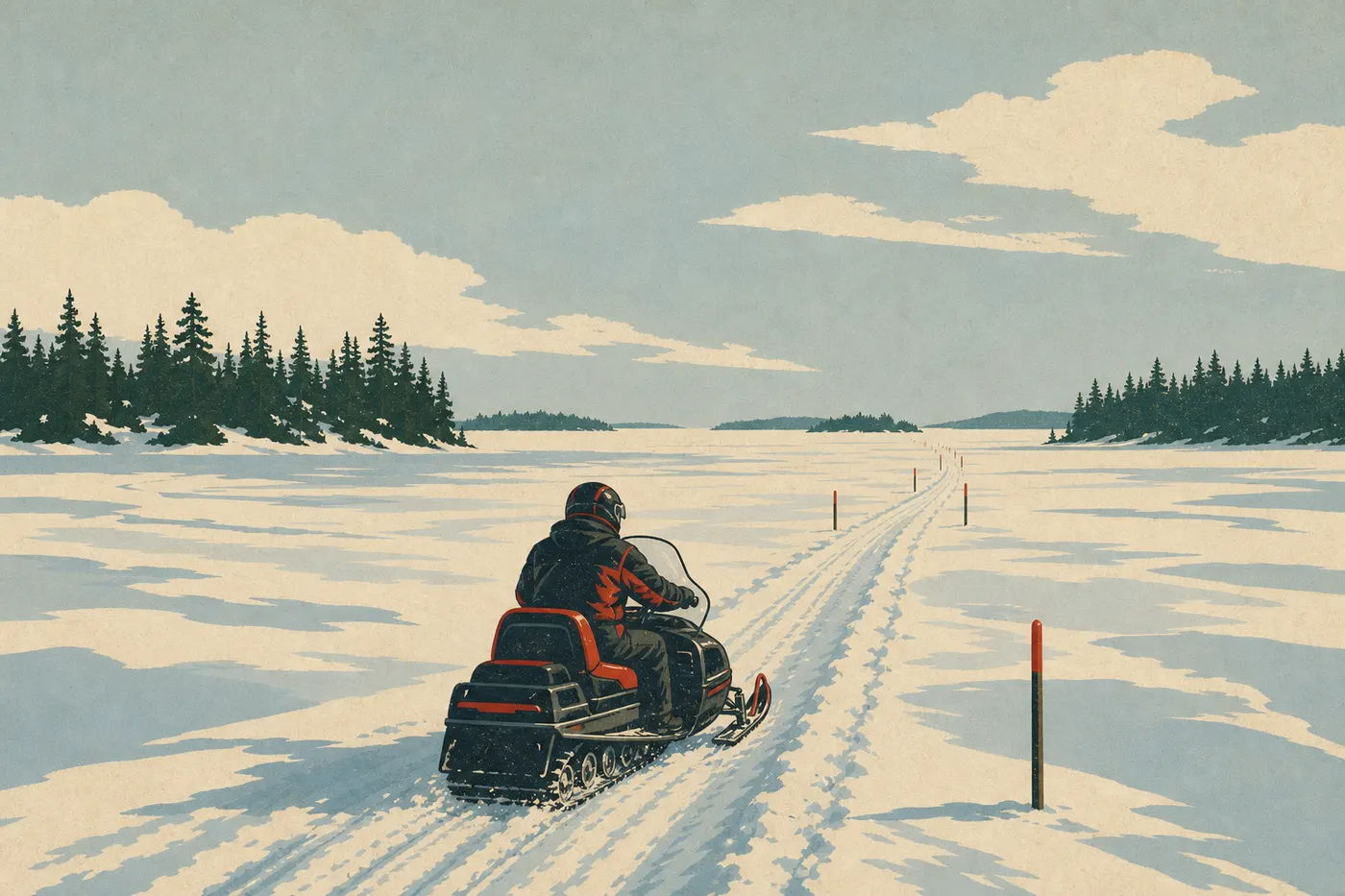 Illustration sérigraphiée : Une motoneige suivant une piste balisée sur Rainy Lake gelé sous un ciel hivernal pâle.
