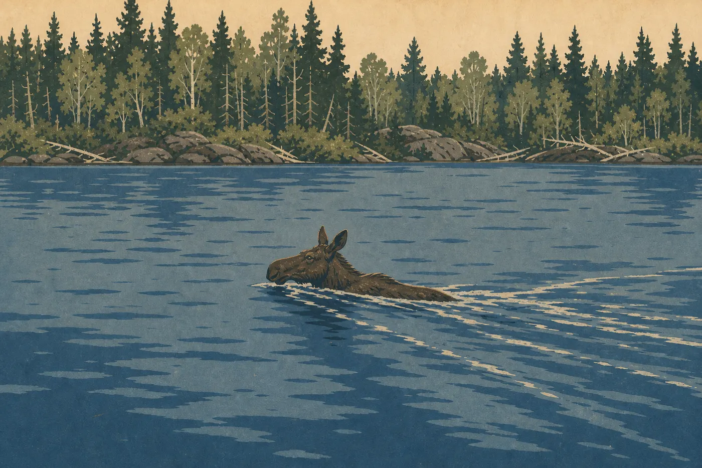 Illustration sérigraphiée : Un orignal traversant à la nage une baie bordée de conifères dans Voyageurs National Park.