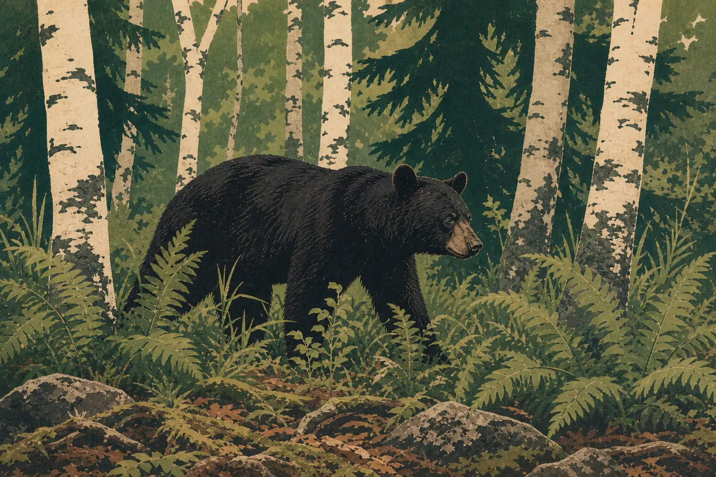 Illustration sérigraphiée : Un ours noir avançant parmi les fougères et bouleaux de la forêt boréale de Voyageurs.