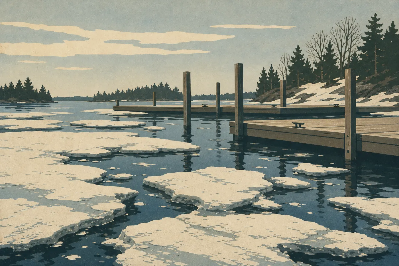 Illustration sérigraphiée : La glace morcelée dérivant devant les quais de Rainy Lake lors du dégel printanier.