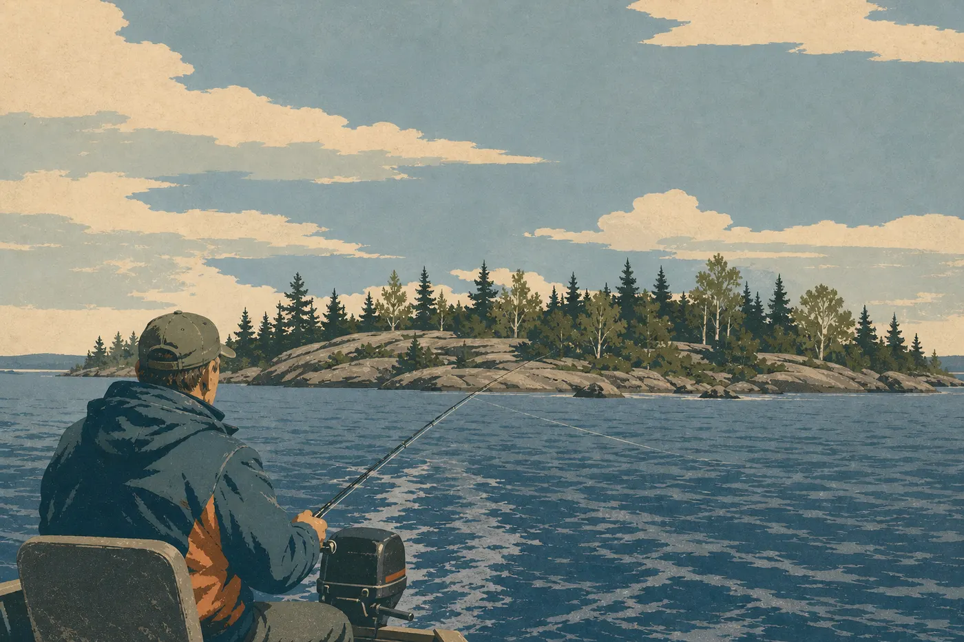 Illustration sérigraphiée : Un pêcheur sur Rainy Lake devant Little American Island, ancien site de la ruée vers l’or.