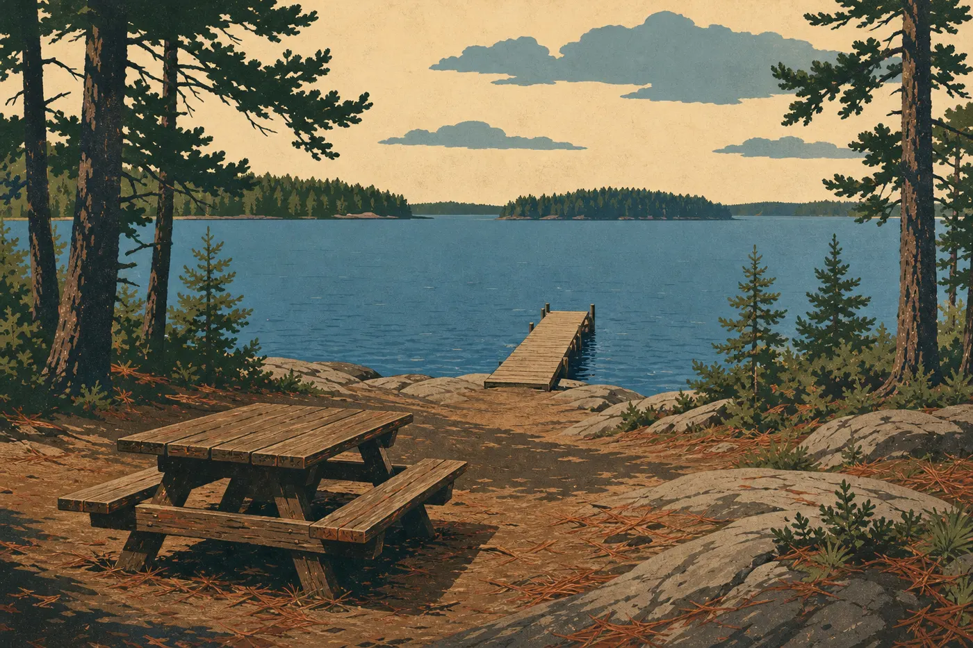 Illustration sérigraphiée : La table de pique-nique et le quai du Sheen Island Day Use Site sur Namakan Lake.