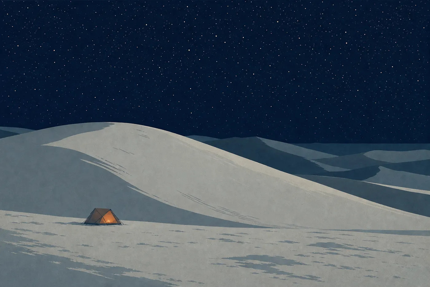 Illustration sérigraphiée : Une tente isolée repose au pied des dunes de gypse sous un ciel rempli d’étoiles.