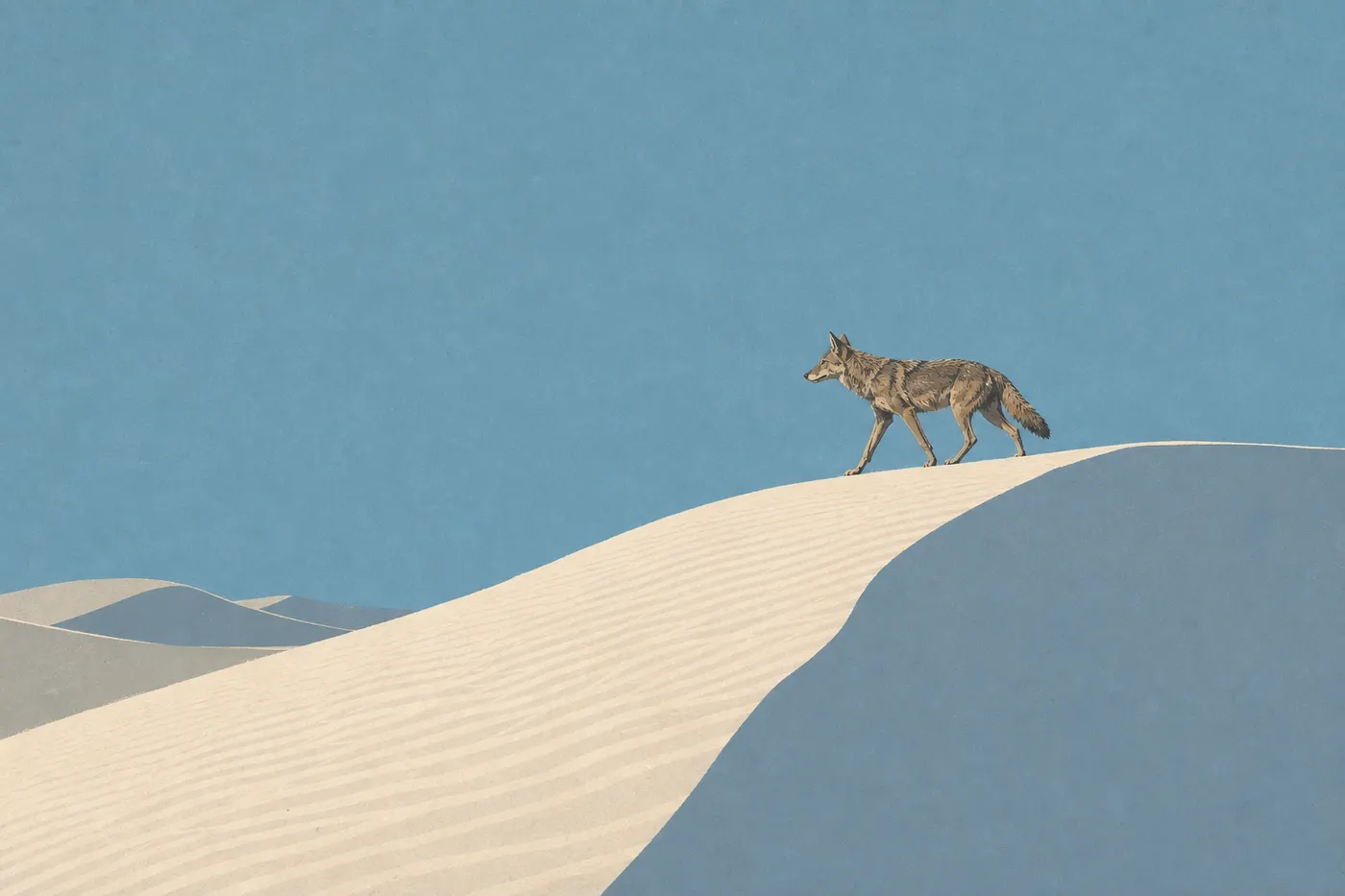 Illustration sérigraphiée : Un coyote solitaire avance sur une crête blanche, nettement détaché du paysage de gypse.