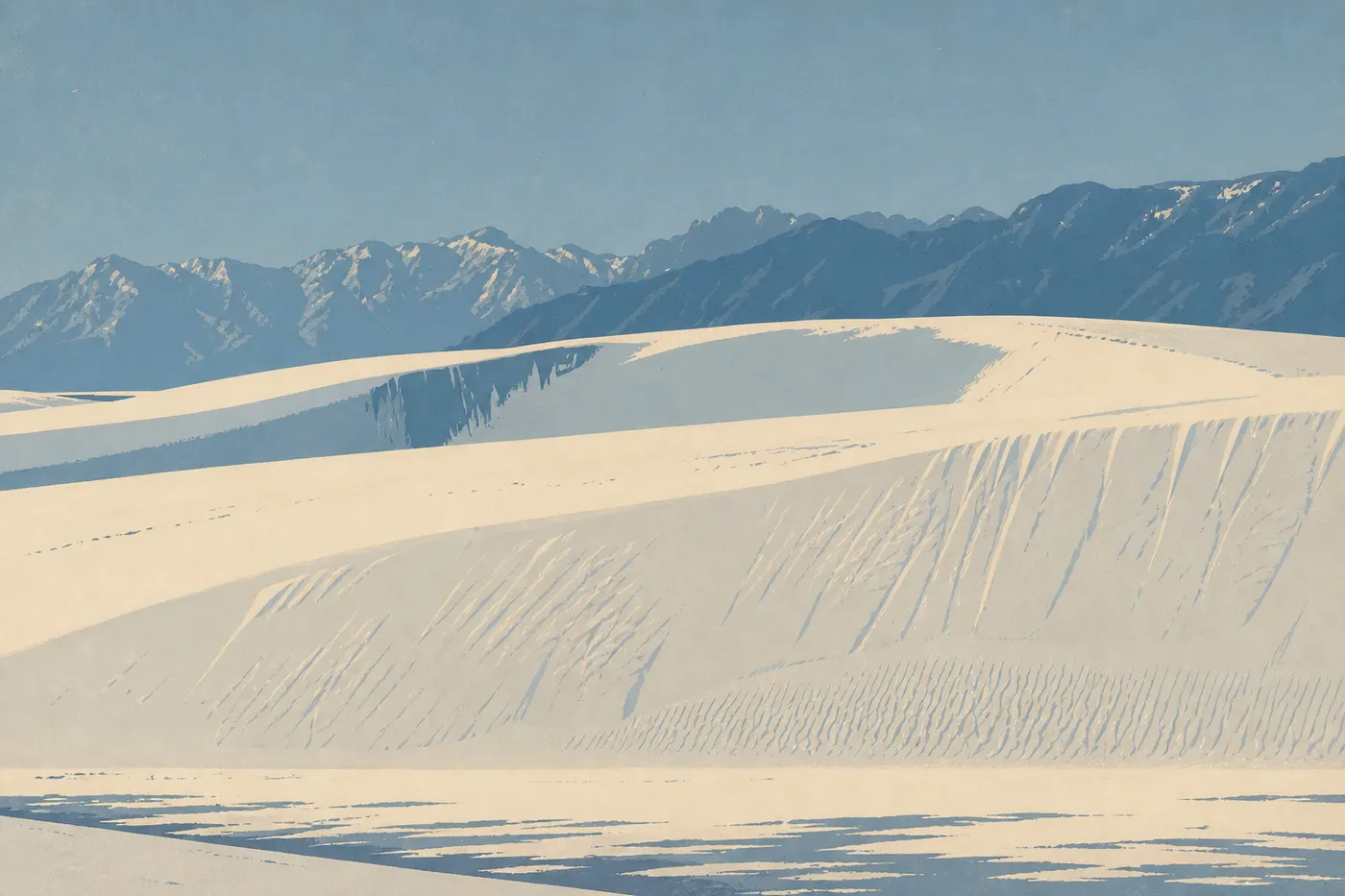 Illustration sérigraphiée : Les dunes immaculées d’hiver s’étendent sous une lumière froide devant les montagnes enneigées.