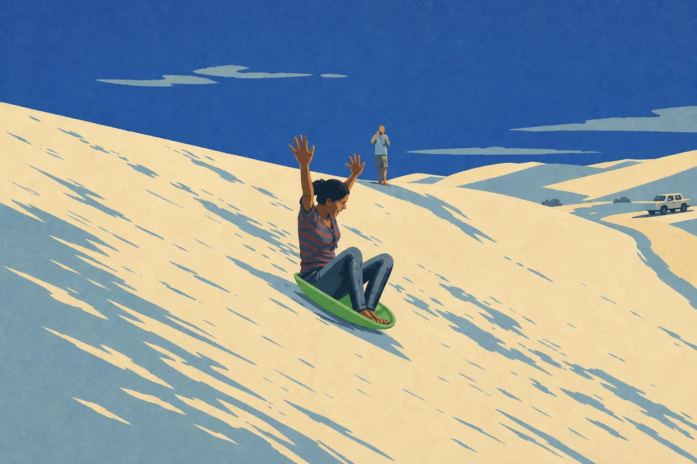 Illustration sérigraphiée : Des visiteurs dévalent en luge une haute dune de gypse sous un ciel bleu profond.