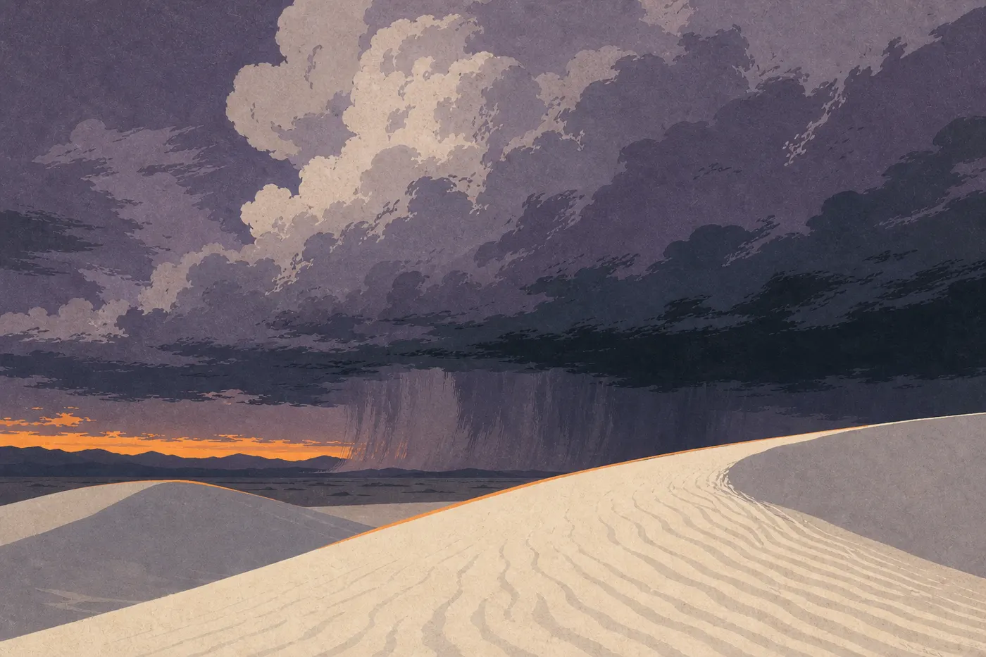 Illustration sérigraphiée : Un orage d’été aux nuages violets domine les dunes blanches striées par le vent.