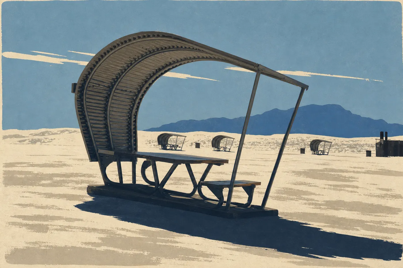 Illustration sérigraphiée : Les abris métalliques emblématiques d’une aire de pique-nique projettent leurs ombres sur le gypse.
