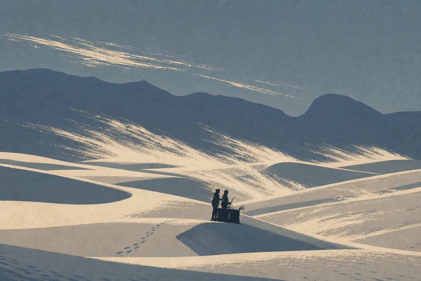 Illustration sérigraphiée : Des panaches de gypse soufflé balayent les crêtes des dunes pendant un vent de printemps.