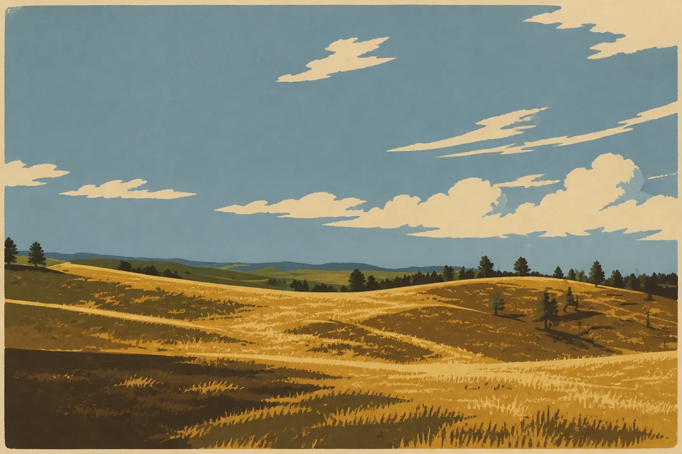 Illustration sérigraphiée : Prairie mixte rousse de Wind Cave en automne, ponctuée de pins ponderosa sous une lumière rasante.