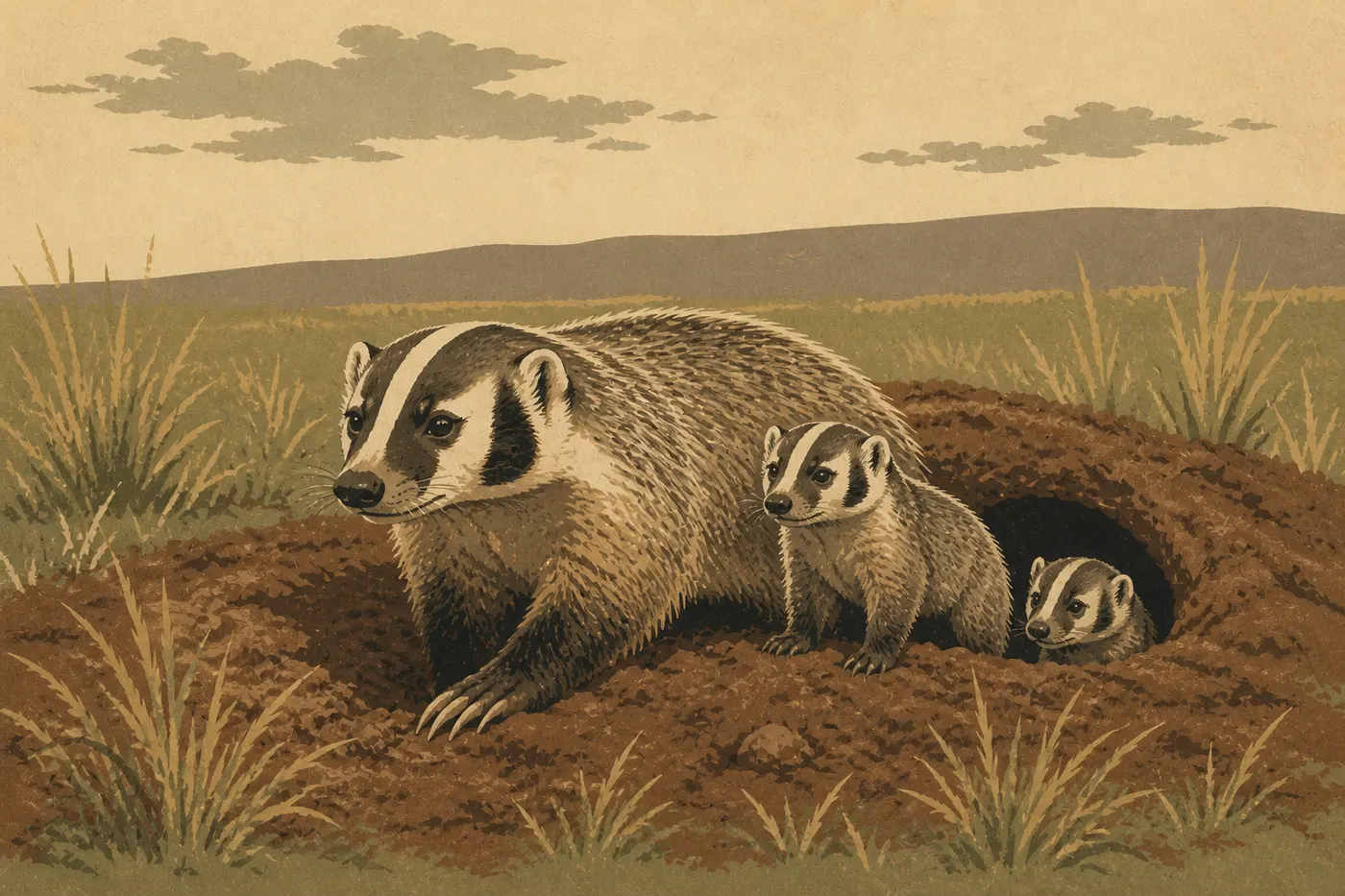 Illustration sérigraphiée : Blaireau américain sortant de son terrier avec ses deux jeunes dans la prairie de Wind Cave.
