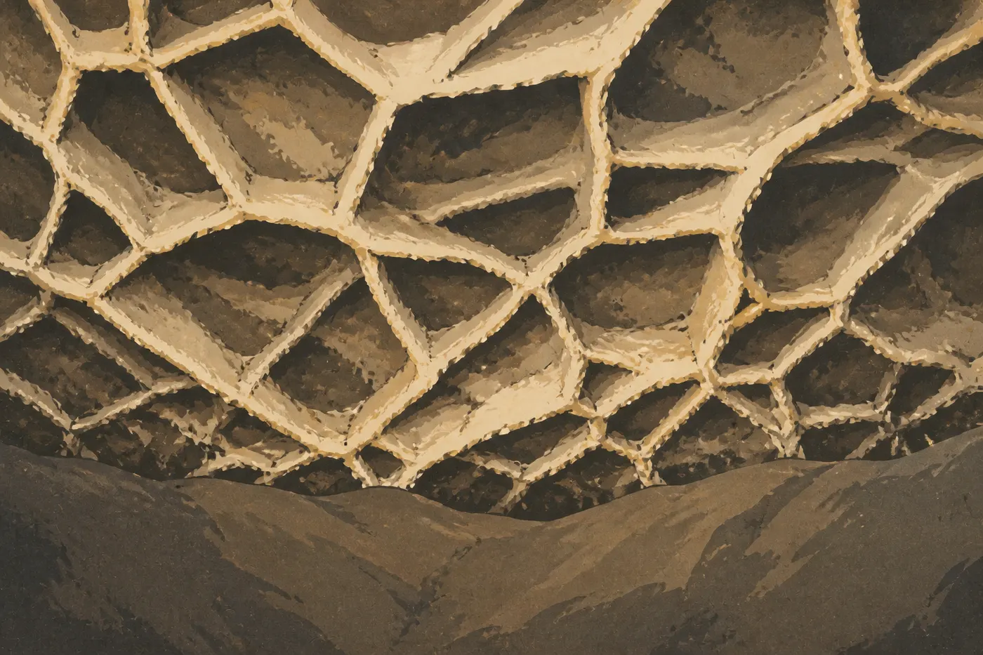 Illustration sérigraphiée : Fines lames de calcite en nid d’abeille couvrant le plafond de la salle Elk’s Room dans Wind Cave.
