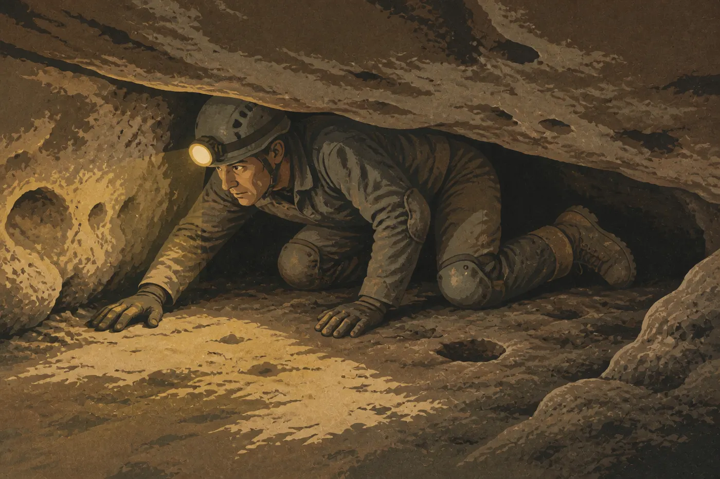 Illustration sérigraphiée : Spéléologue casqué rampant entre les parois calcaires d’un passage non aménagé lors du Wild Cave Tour.