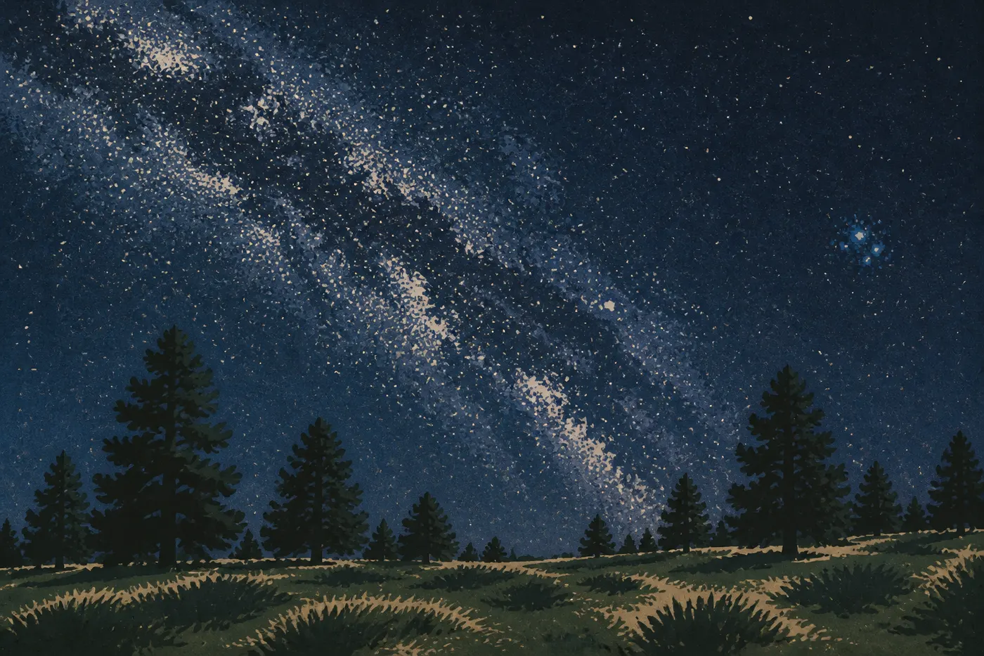 Illustration sérigraphiée : Voie lactée et constellation des Pléiades au-dessus des pins et de la prairie nocturne d’Elk Mountain.