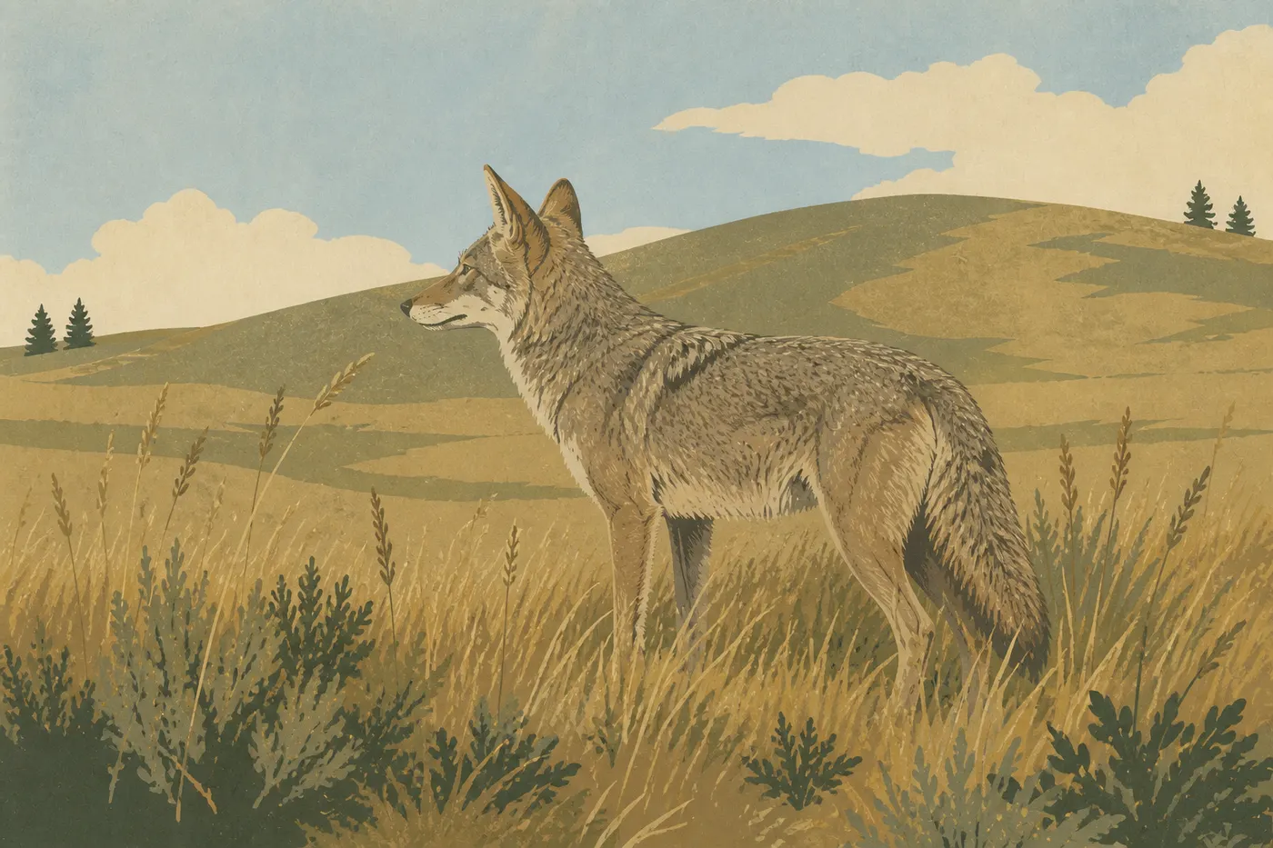 Illustration sérigraphiée : Coyote debout dans les hautes herbes de la prairie mixte de Wind Cave, oreilles pointées vers l’horizon.