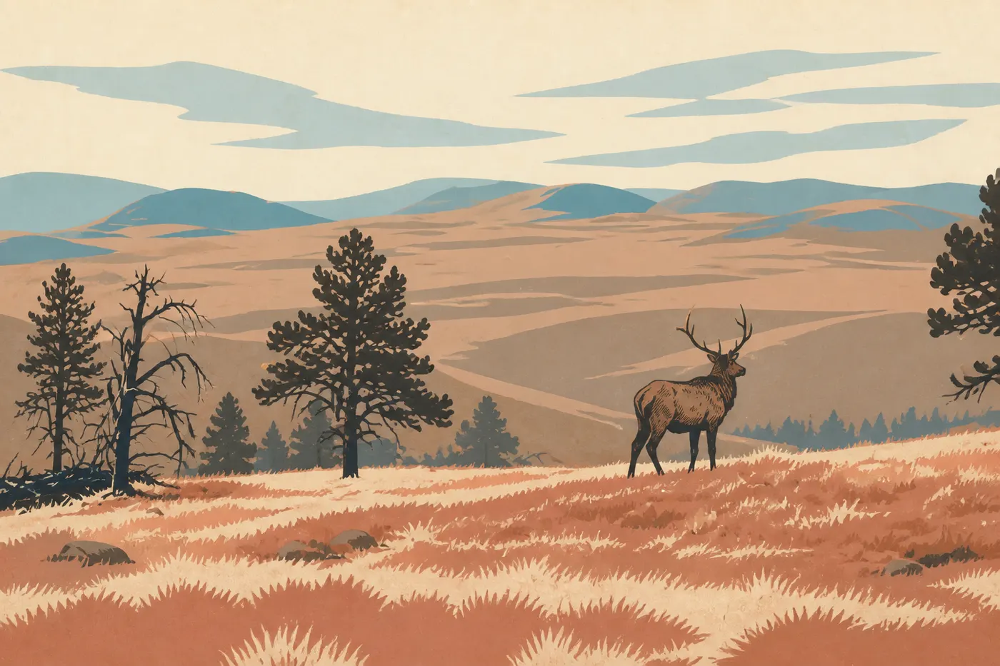 Illustration sérigraphiée : Grand wapiti mâle portant ses bois sur un versant herbeux bordé de pins ponderosa à Wind Cave.