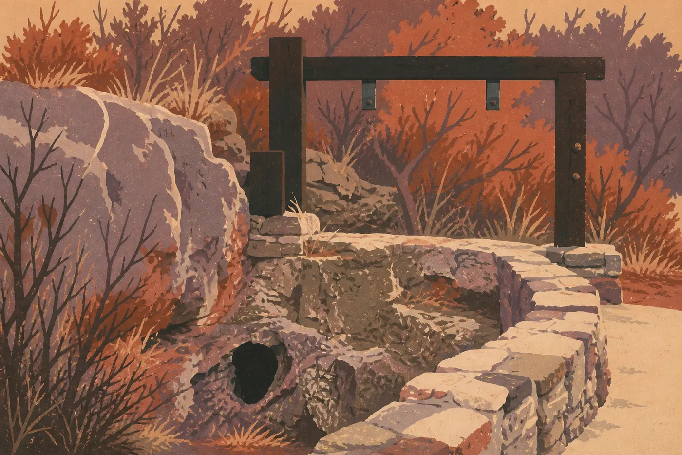 Illustration sérigraphiée : Petite ouverture rocheuse de l’entrée naturelle de Wind Cave, encadrée par son muret et son panneau d’interprétation.