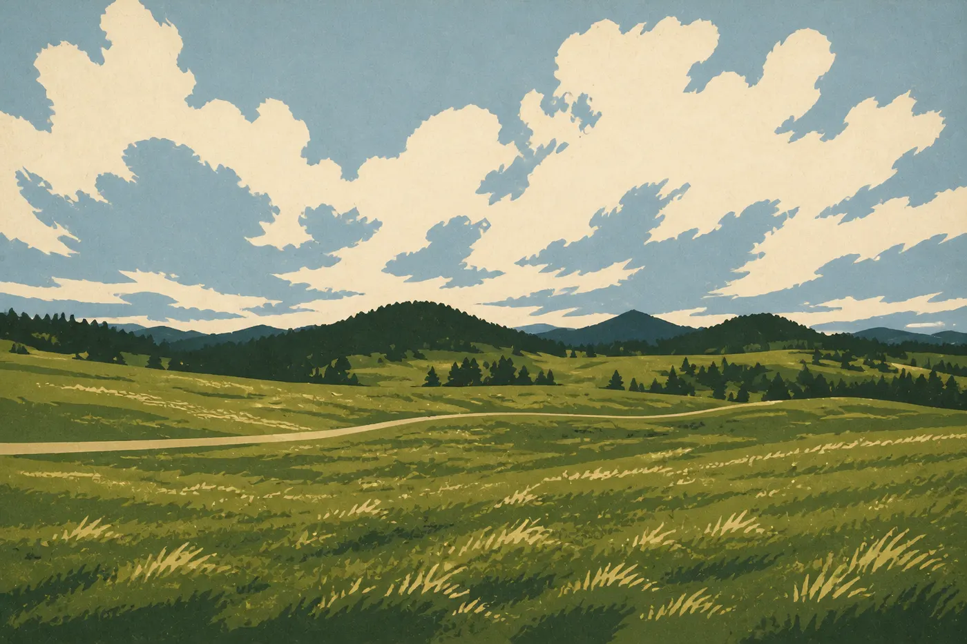 Illustration sérigraphiée : Prairie estivale verte de Wind Cave ondulant sous un grand ciel bleu entre des pins ponderosa dispersés.