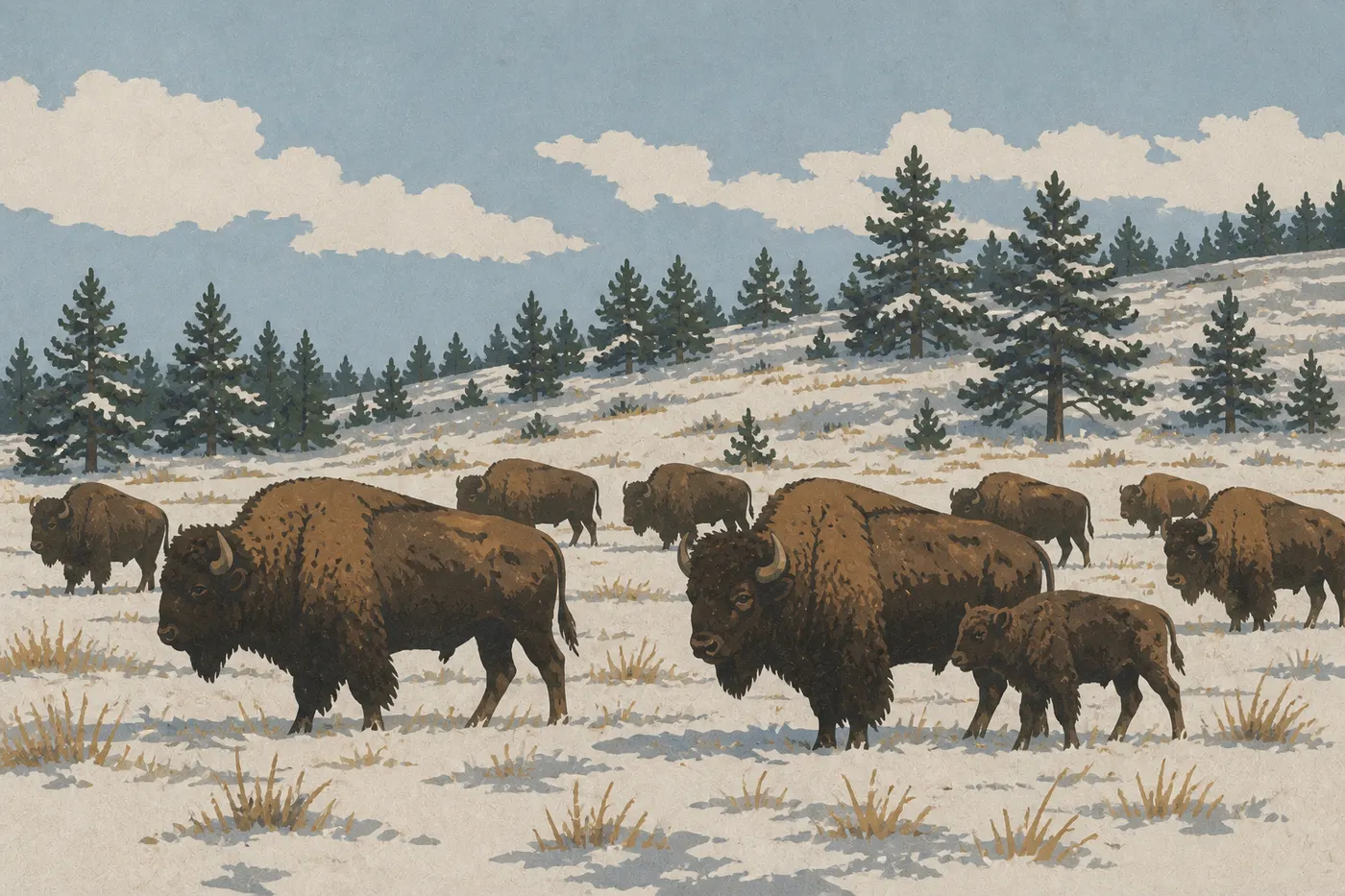 Illustration sérigraphiée : Troupeau de bisons dans la prairie enneigée de Wind Cave, devant des pins ponderosa chargés de neige.