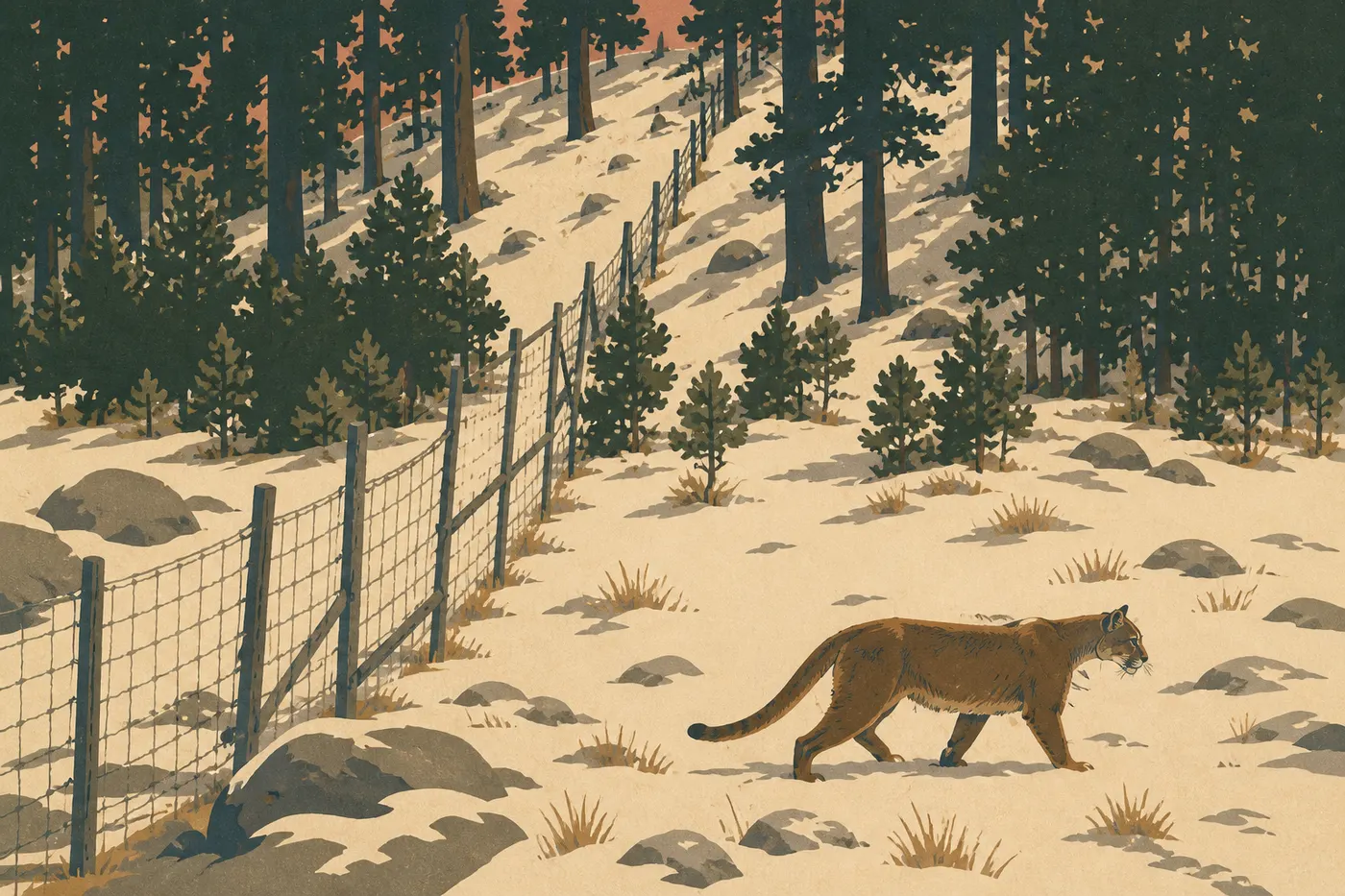 Ilustración serigrafiada: Un puma avanza discretamente entre las rocas y los pinos ponderosa de las colinas de Wind Cave.