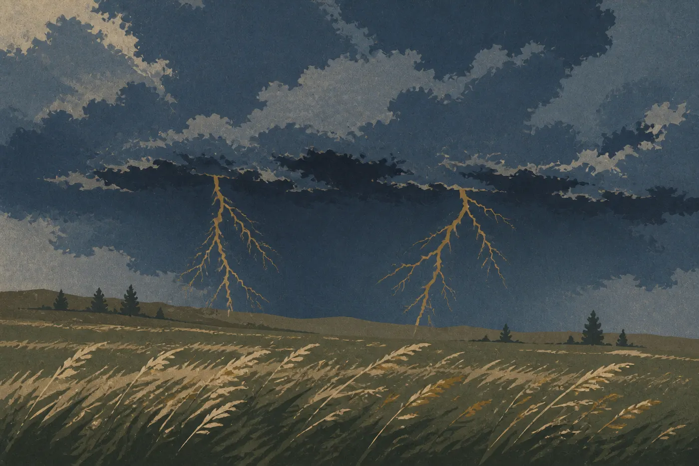 Illustration sérigraphiée : Orage estival chargé d’éclairs dominant la prairie ouverte de Wind Cave sous de lourds nuages bleu sombre.