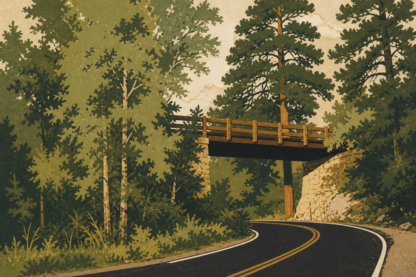 Illustration sérigraphiée : Route 87 franchissant le Pigtail Bridge au milieu des collines boisées et des prairies de Wind Cave.