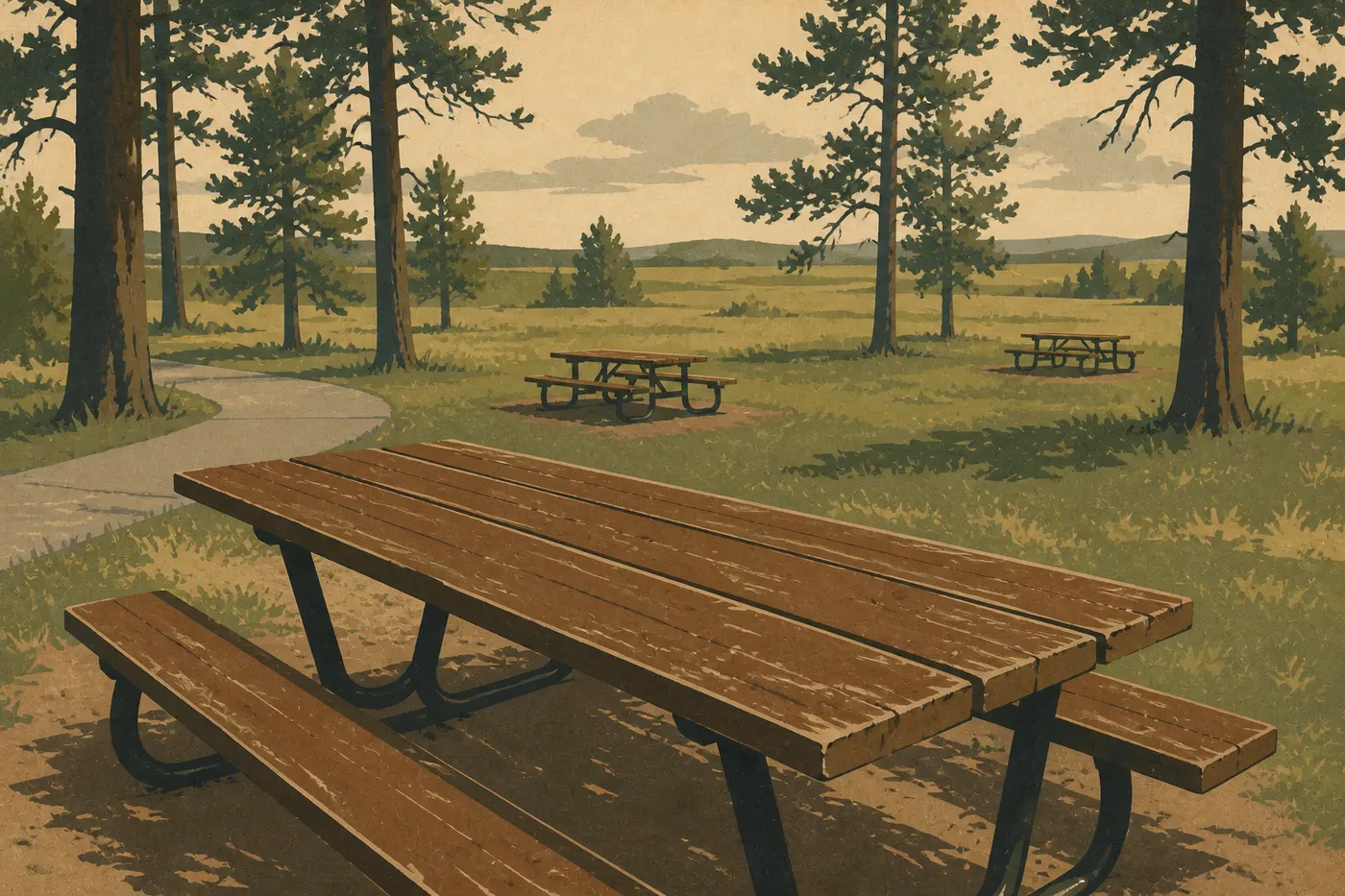 Illustration sérigraphiée : Tables de la seule aire de pique-nique de Wind Cave, près du Visitor Center et du départ des visites.