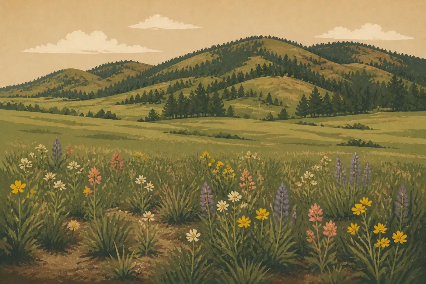 Illustration sérigraphiée : Fleurs sauvages printanières colorant la prairie mixte de Wind Cave au pied des collines des Black Hills.